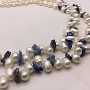 Vintage Freshwater Pearl & Blue Lapis Chips Necklace 925 Clasp
